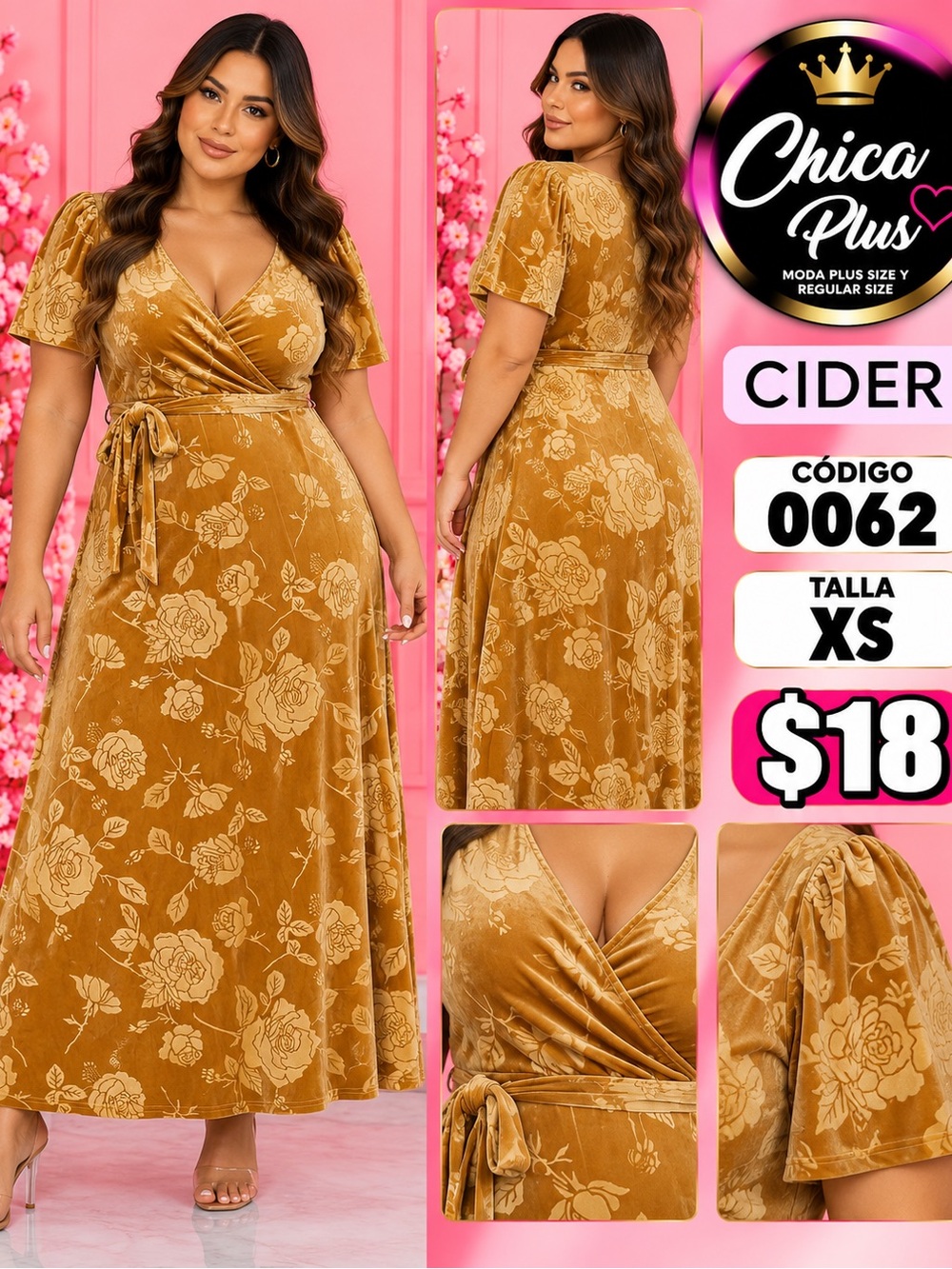 Cider Mustard Floral Velvet Wrap Midi Dress